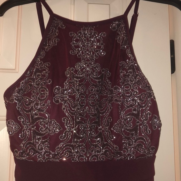 Xtraordinary Dark Red Y-Halter Sequin Bodice Dress - Picture 3 of 5